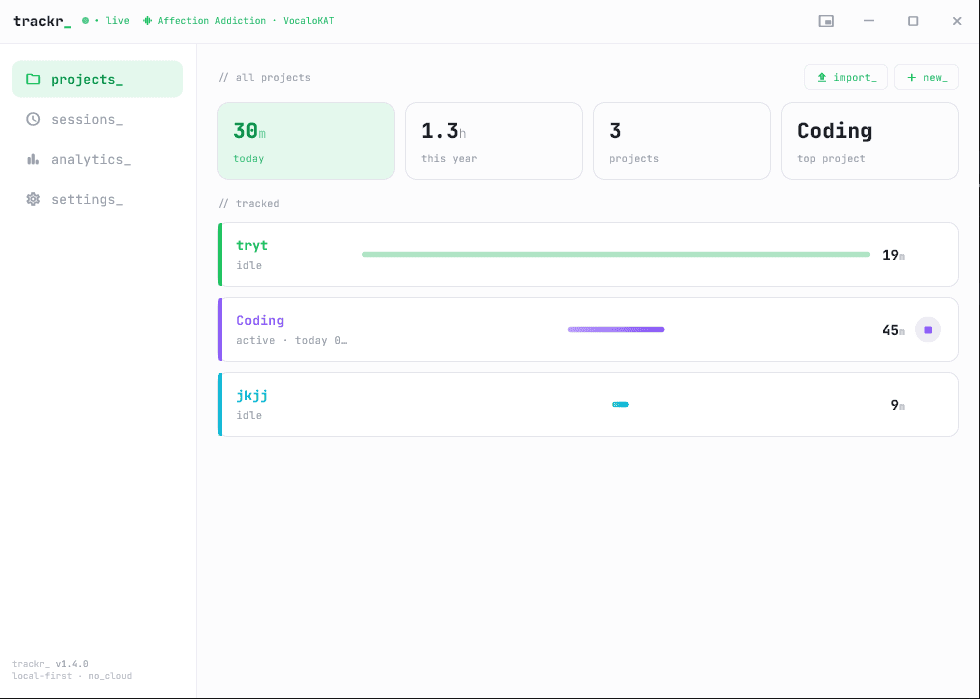 trackr_ dashboard view showing tracked projects and daily stats